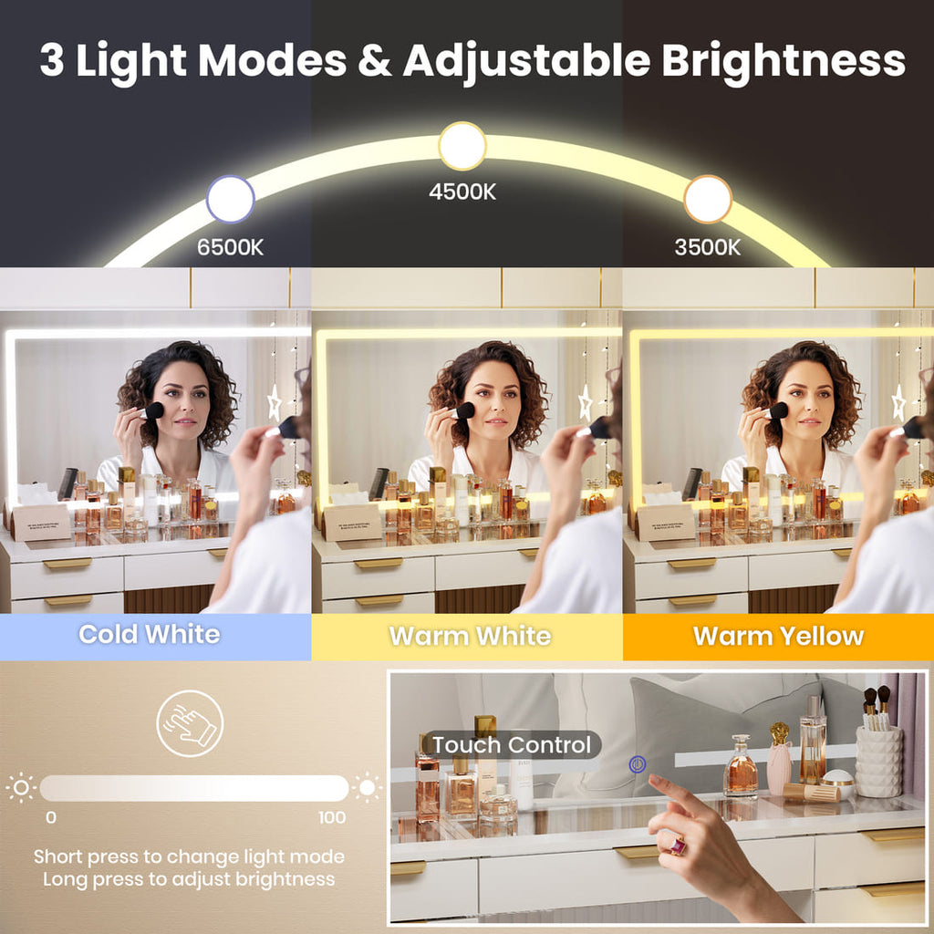 Pamapic 11 Drawers Vanity Desk with Mirror & Glass Top, White