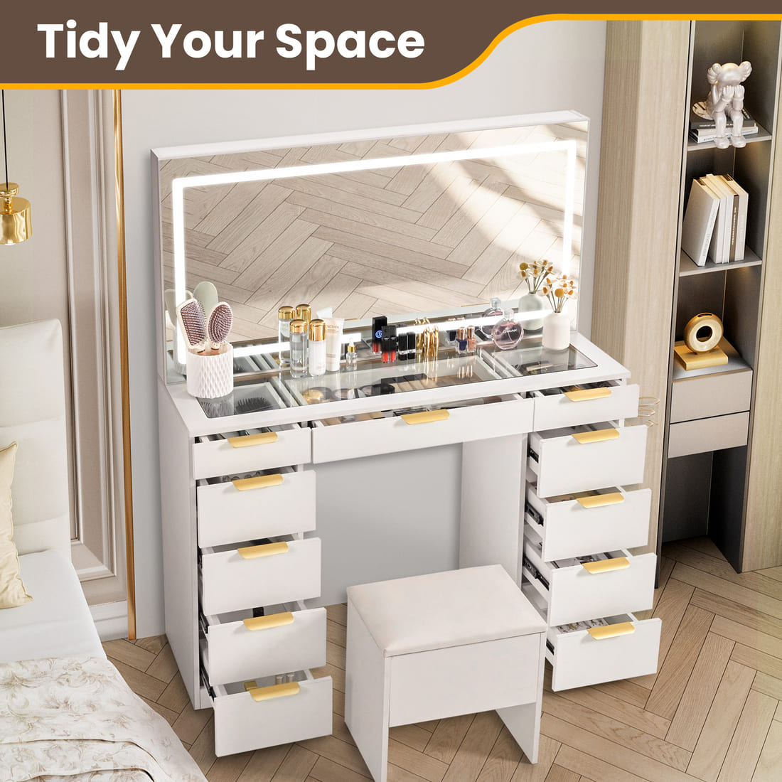 11-Drawer Vanity Desk with LED Mirror & Glass Top, Gold Handles