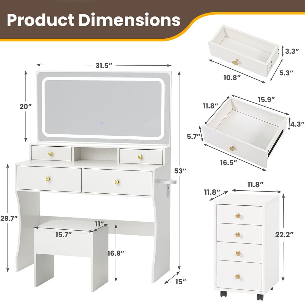 Pamapic File Cabinet Vanity Desk with 8 Drawers & Rolling Cabinet