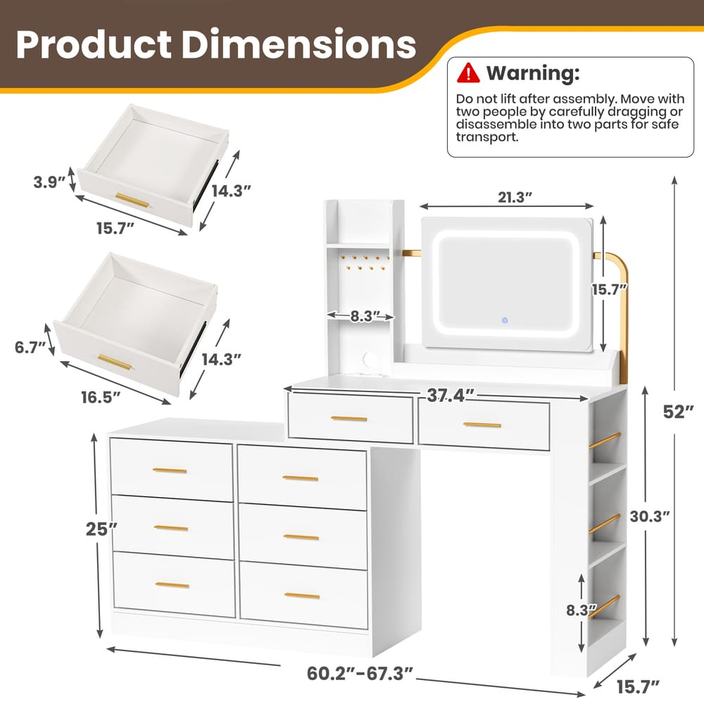 Pamapic 8-Drawer Adjustable Width(60"-67") Vanity Desk with Lighted Mirror & Power Outlets