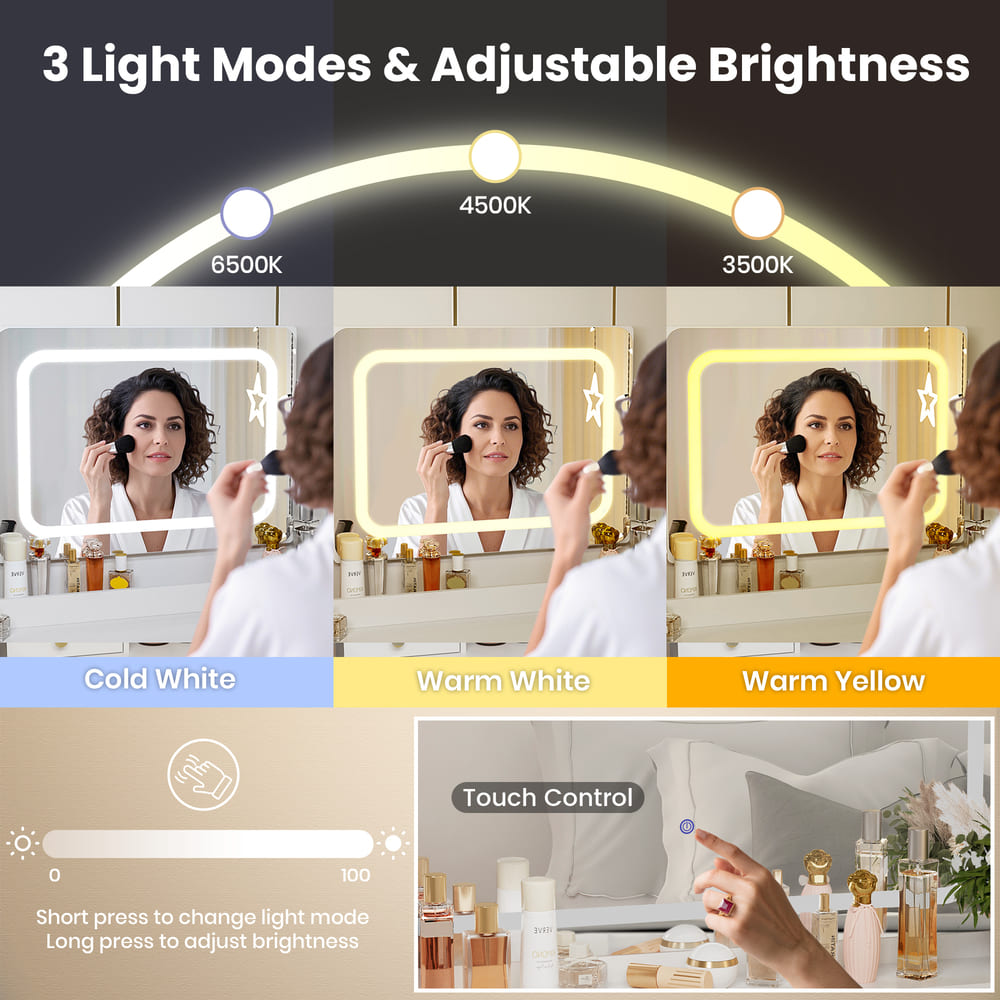 Pamapic 8-Drawer Adjustable Width(60"-67") Vanity Desk with Lighted Mirror & Power Outlets