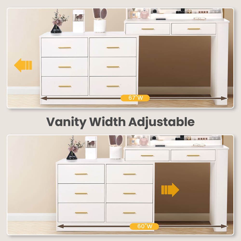 Pamapic 8-Drawer Adjustable Width(60"-67") Vanity Desk with Lighted Mirror & Power Outlets