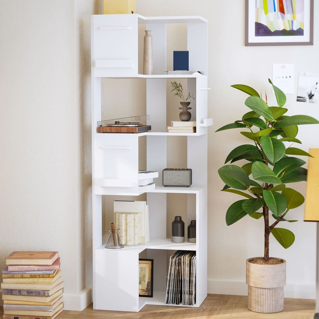 63" Tall Corner Shelf with L Shaped Storage Shelf & Anti-Tip Kit