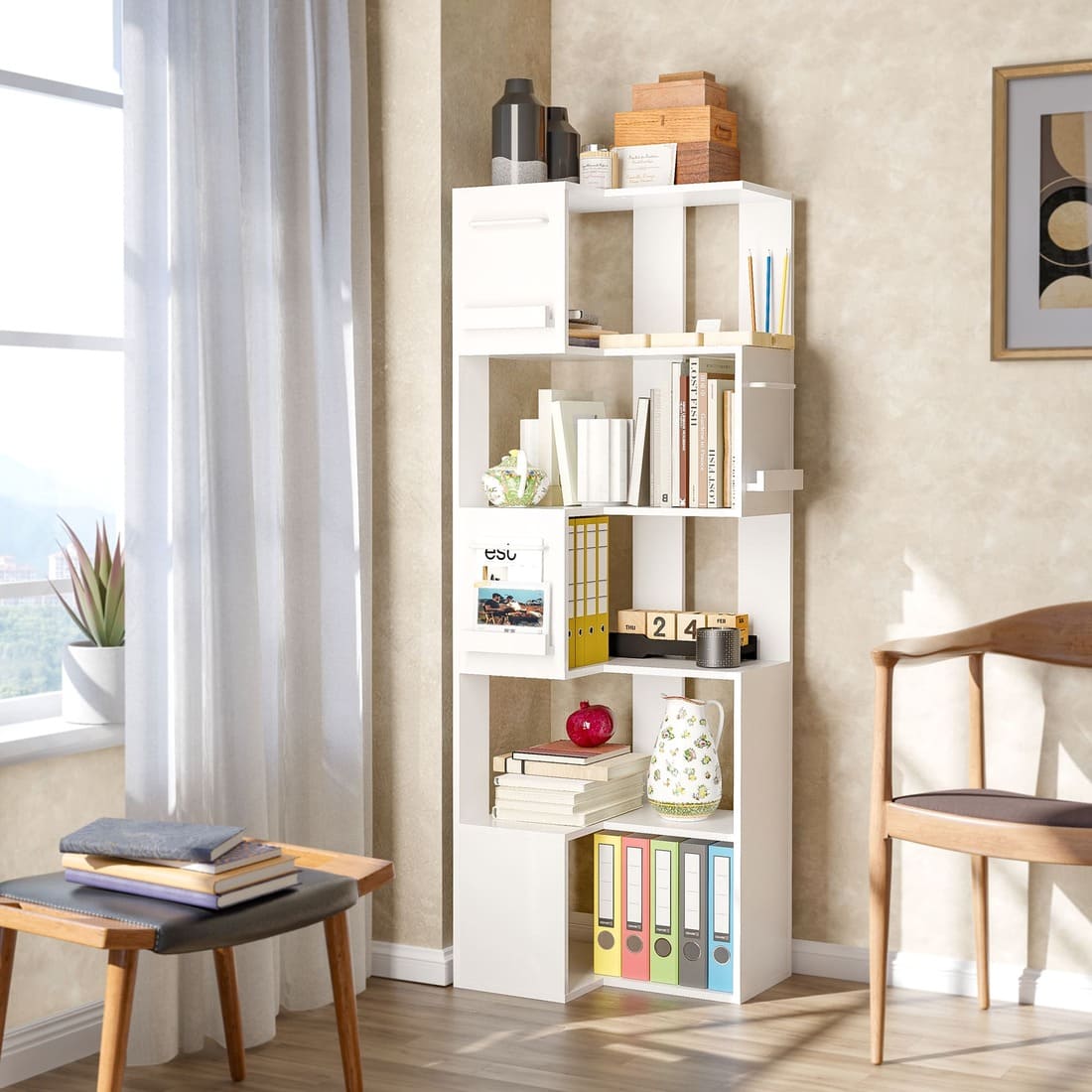 63" Tall Corner Shelf with L Shaped Storage Shelf & Anti-Tip Kit