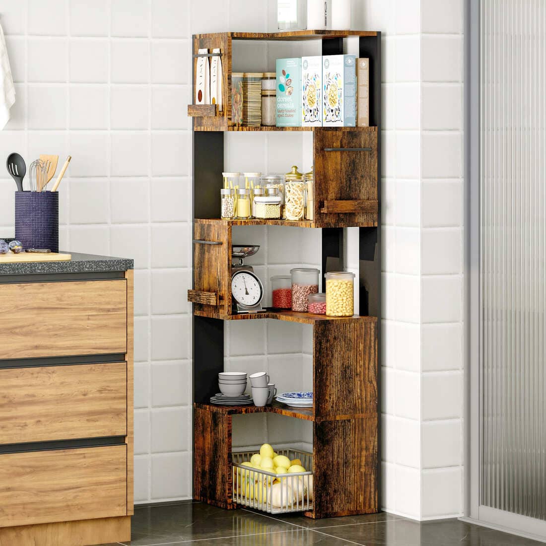 63" Tall Corner Shelf with L Shaped Storage Shelf & Anti-Tip Kit