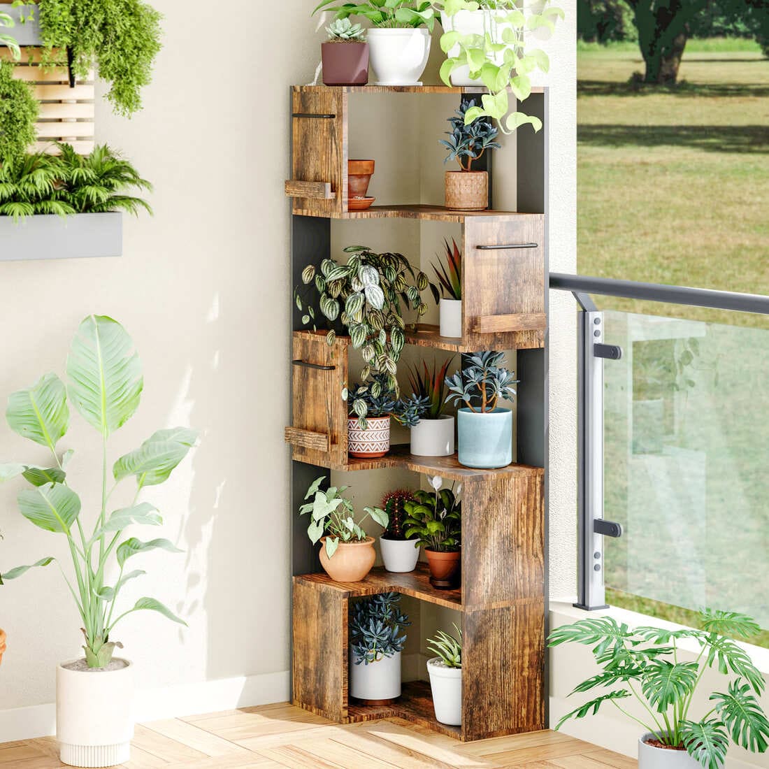 63" Tall Corner Shelf with L Shaped Storage Shelf & Anti-Tip Kit