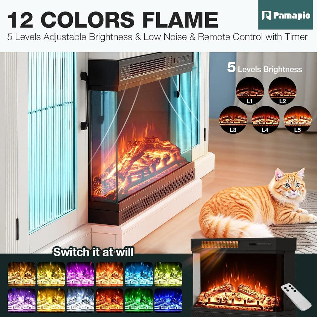 Pamapic 3-Sided Electric Fireplace TV Stand, Farmhouse Entertainment Center with 36" LED Fireplace & Glass Doors for Living Room