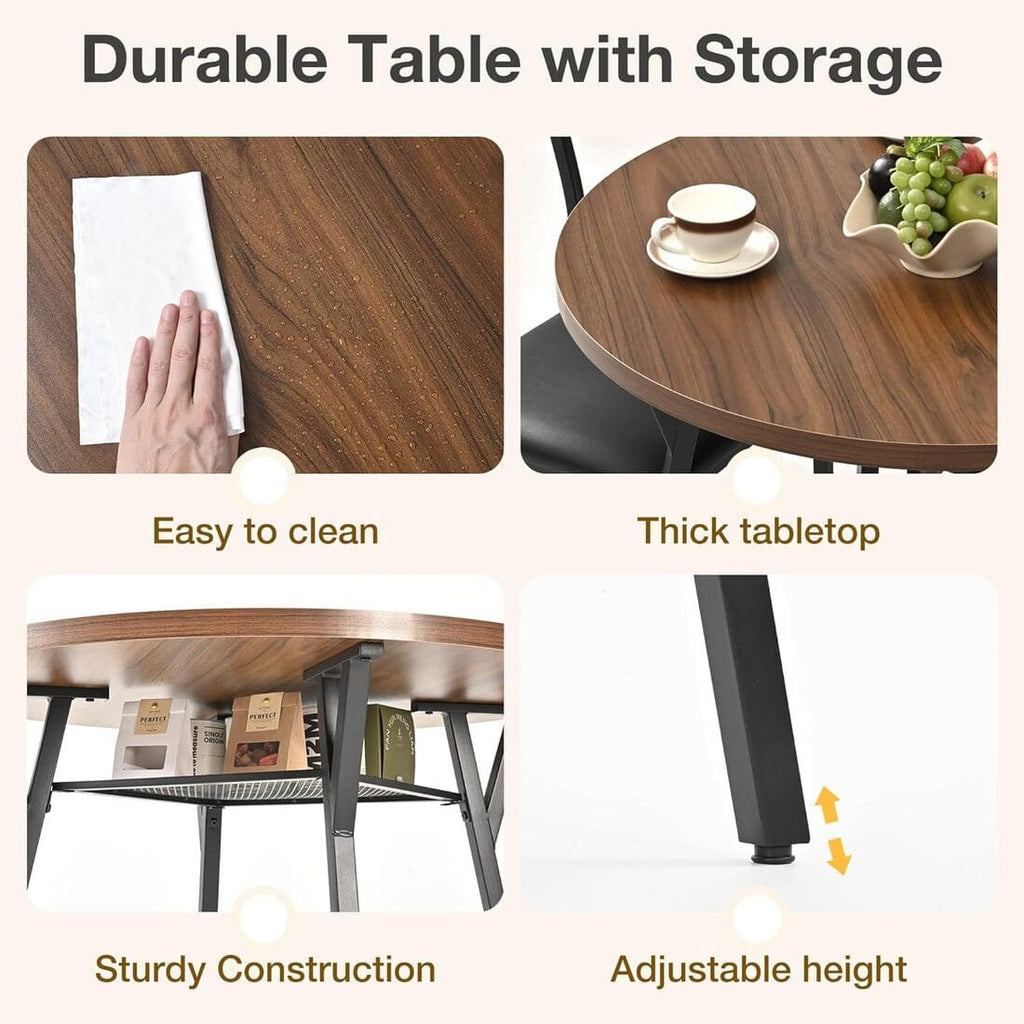 Pamapic Modern Round Dining Table Set for 4 with Meta Frame, Walnut