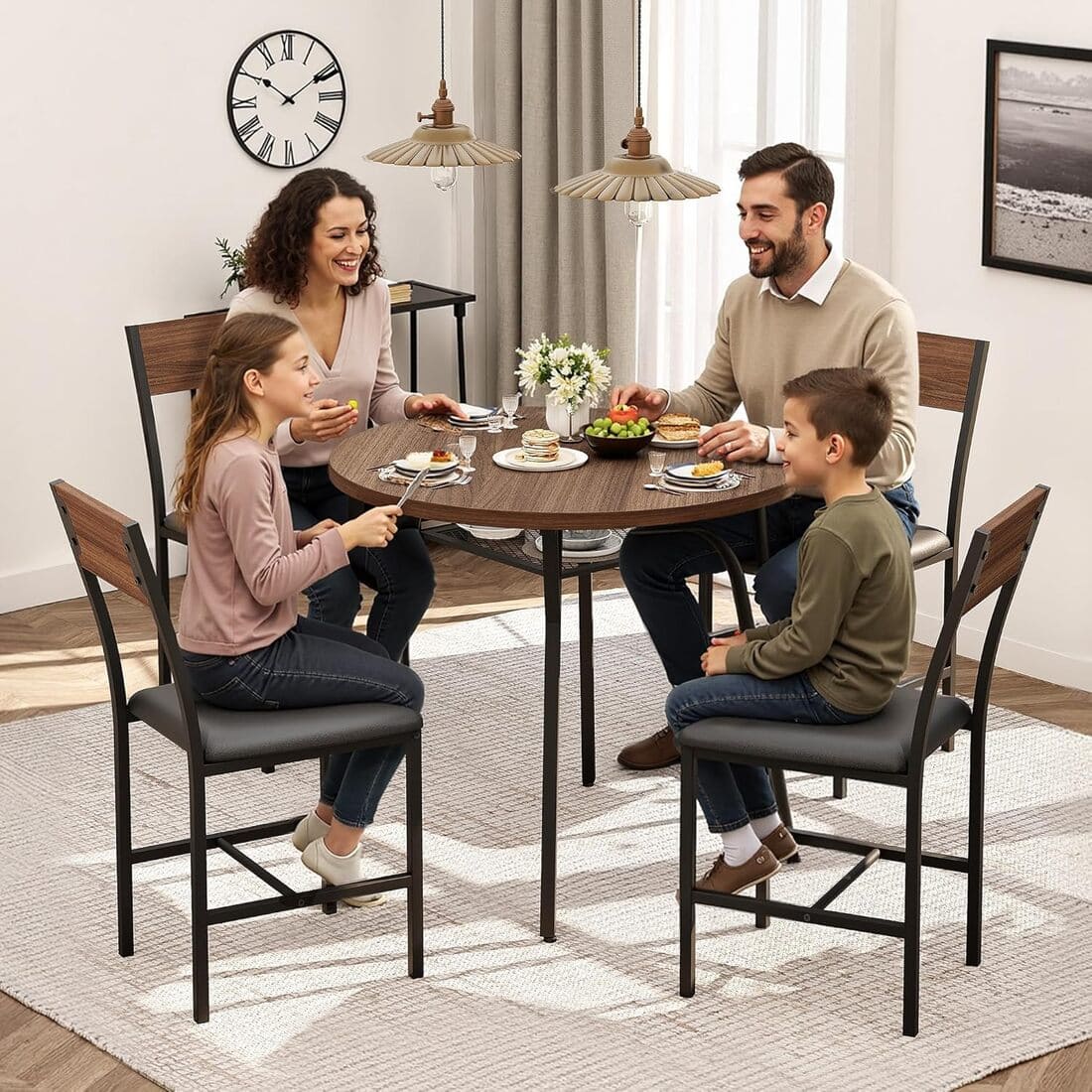Pamapic Modern Round Dining Table Set for 4 with Meta Frame, Walnut