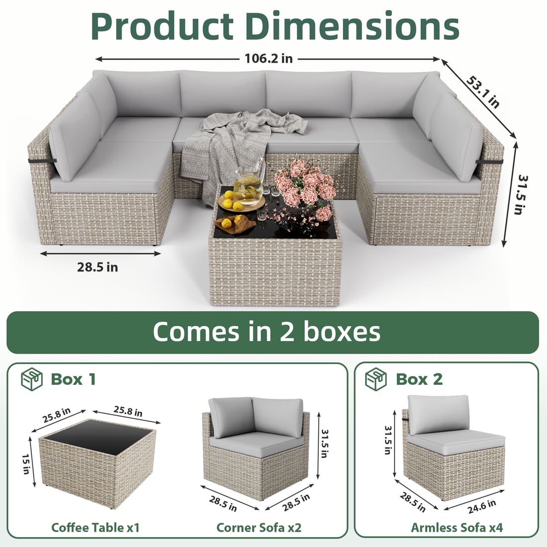 Pamapic 7-Piece Rattan Outdoor Sectional Sofa Set for Poolside, Backyard, Deck