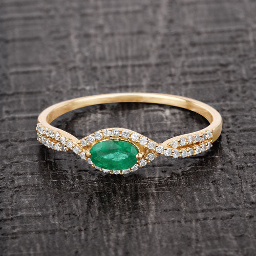 0.32 Carat Genuine Zambian Emerald and White Diamond 14K Yellow Gold Ring