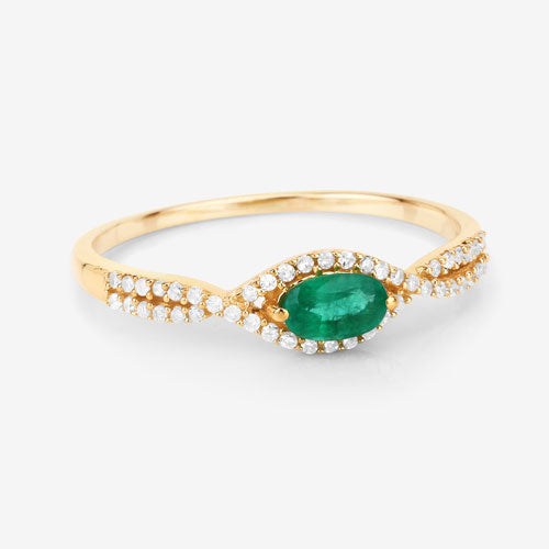 0.32 Carat Genuine Zambian Emerald and White Diamond 14K Yellow Gold Ring