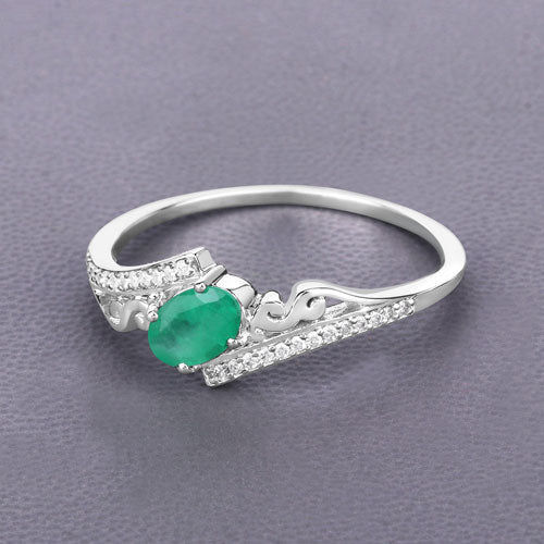 0.51 Carat Genuine Zambian Emerald and White Diamond 14K White Gold Ring