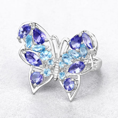 3.60 Carat Genuine Tanzanite and Swiss Blue Topaz .925 Sterling Silver Ring