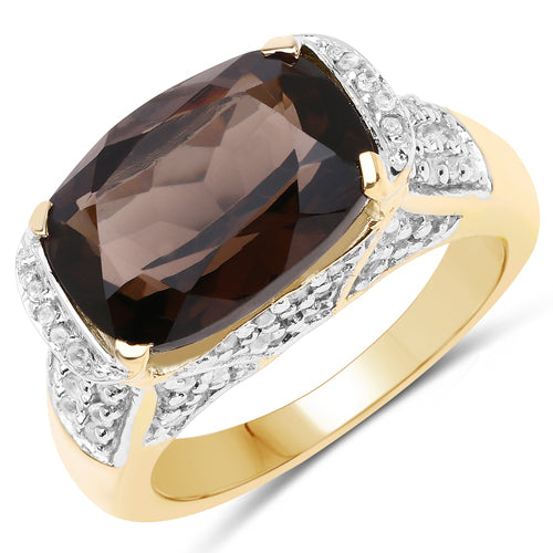 6.65 Carat Genuine Smoky Quartz and White Topaz .925 Sterling Silver Ring