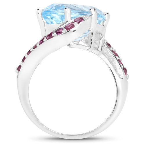 8.40 Carat Genuine Blue Topaz and Rhodolite .925 Sterling Silver Ring