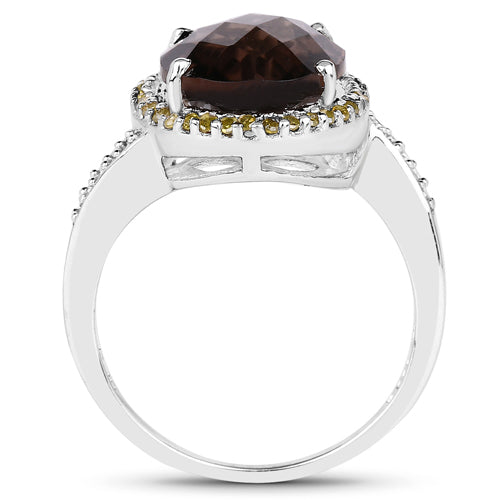 4.85 Carat Genuine Smoky Quartz, Yellow Diamond & White Diamond .925 Sterling Silver Ring