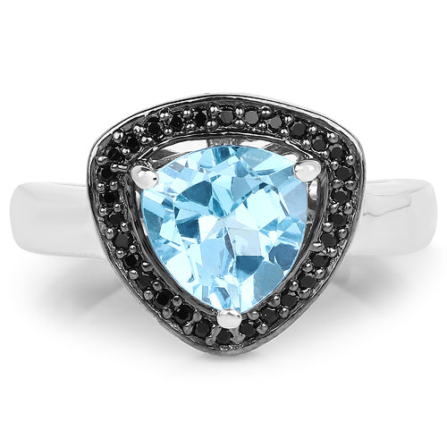 2.06 Carat Genuine Swiss Blue Topaz and Black Diamond .925 Sterling Silver Ring