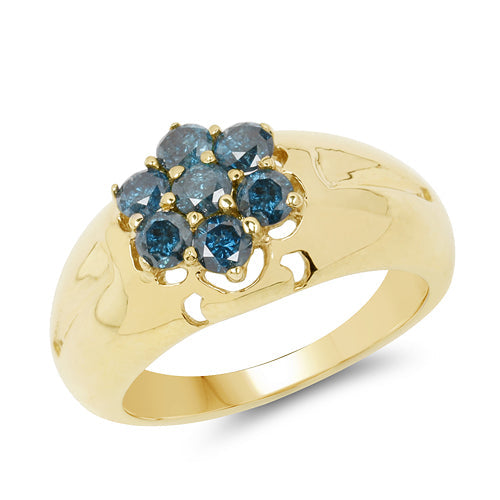 14K Yellow Gold Plated 0.98 Carat Genuine Blue Diamond .925 Sterling Silver Ring