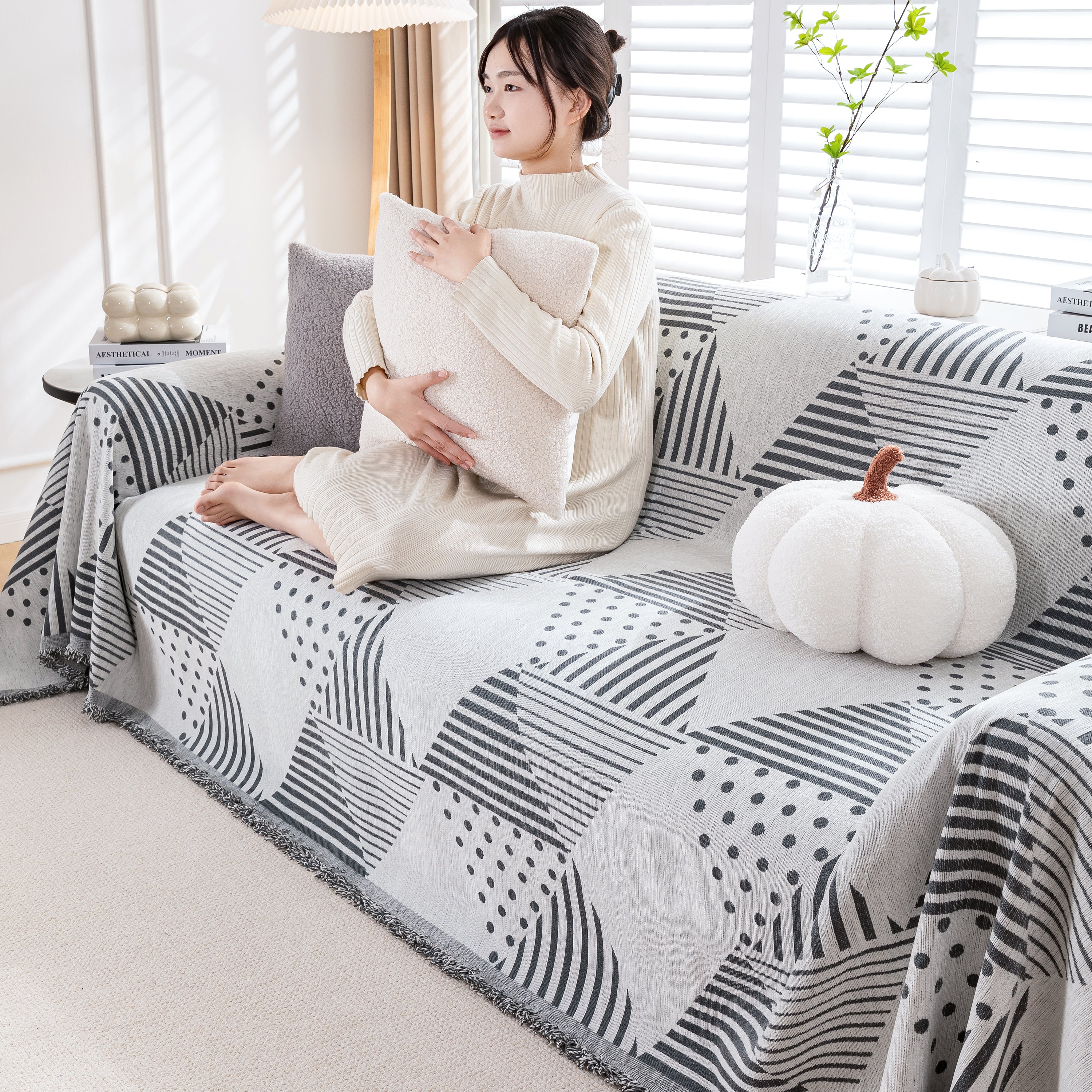 Chenille Geometric Patterned Sofa Throw, Couch Covers for Sectionals for Pets, Throw Cover for Couch